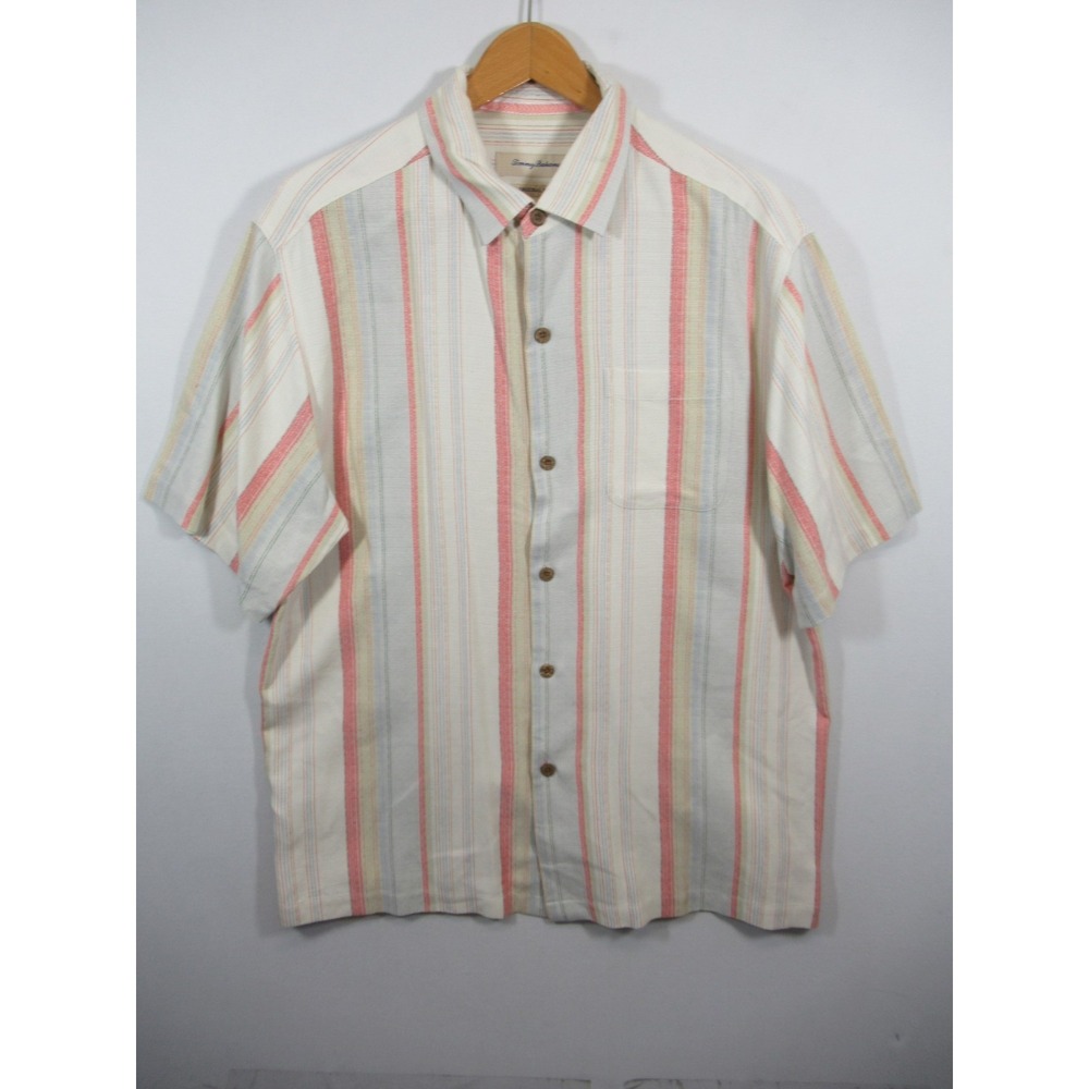 Tommy Bahama Silk Shirt Men Large Striped Button Up Short Sleeve